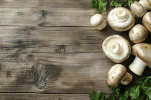 Fresh Mushrooms and Parsley on Rustic Wood Background Top View photo