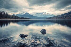 Reflecting Lake with Snow-capped Mountains and Cloudy Sky Scenery photo