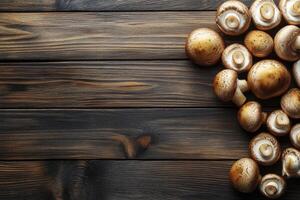 Fresh Mushrooms on Rustic Wood Background with Copy Space photo