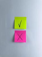 Answer choice symbol with check mark and cross on sticky note photo