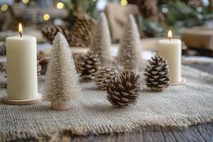 Pine Cones and Mini Trees with Candlelight on Burlap Cloth photo