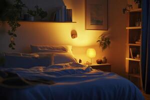 Cozy Bedroom Illuminated by Bedside Lamp Creating a Relaxing Ambience photo