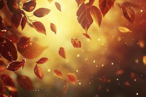 Falling Autumn Leaves Background with Warm Sunlight and Bokeh Effect photo