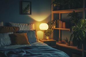 Cozy Bedroom with Glowing Lamp Plants and Soft Bedding for Relaxation photo