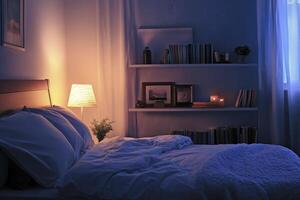 Comfortable Bedroom Setting at Night with Bedside Lamp and Bookshelf photo