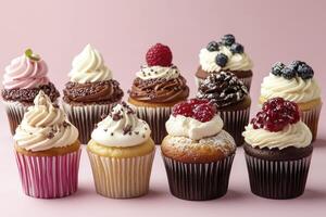Assorted Cupcakes with Frosting and Berries on a Pink Background photo