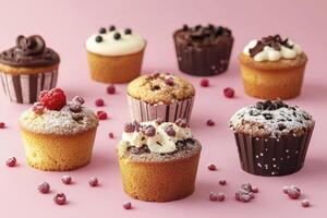 Assorted Cupcakes Displayed on Pink Background with Various Toppings and Flavors photo