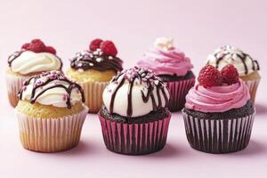 Assorted Decorated Cupcakes on Pink Background with Chocolate and Raspberry Toppings photo