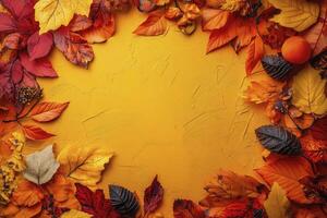 Fall Leaves Frame on Yellow Background with Space for Text photo
