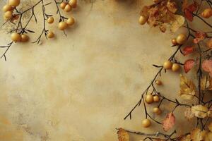 Autumn Berries and Colorful Leaves on Textured Background with Copy Space photo