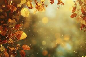 Falling Autumn Leaves with Golden Bokeh Lights Creating a Dreamy Effect photo