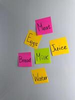 Grocery list is written on sticky notes and hung on refrigerator door photo