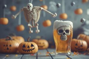 A beer glass with a skeleton in it surrounded by pumpkins photo