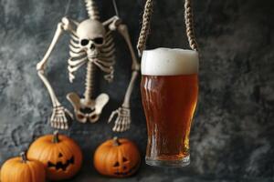 Enjoying Craft Beer in Spooky Halloween Setting with Pumpkins and Skeleton photo