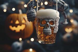 Halloween Beer with Skull Design and Lit Pumpkin Background Decoration photo