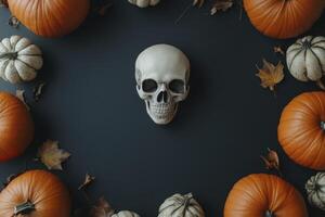 Skull and Pumpkins Flat Lay with Autumn Leaves for Halloween photo