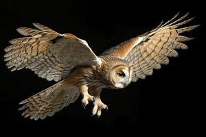 Owl in Flight with Wings Extended on Dark Background Bird Photography photo