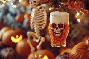 Drinking Skull Beer in Halloween Setting with Skeletons and Pumpkins photo
