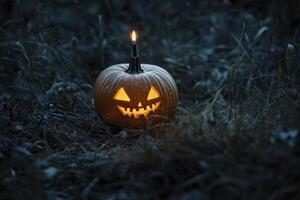 A halloween pumpkin with a lit candle in the dark photo