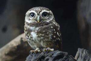 Little Owl Perched on Rock Looking Forward with Big Eyes photo