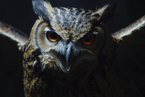 Close-up of an Owl with Open Wings on a Dark Background photo