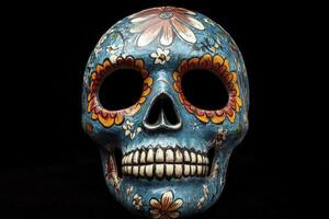 Colorful Sugar Skull with Floral Design Isolated on Black Background photo