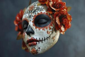Wearing Decorative Sugar Skull Mask Adorned with Roses for Day of Dead photo