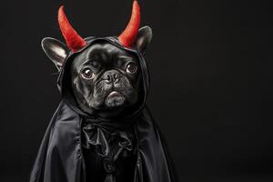 French Bulldog Dressed As Devil Posing with Red Horns on Dark Background photo