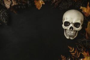 Skull and Autumn Leaves on Dark Background for Halloween Concept photo