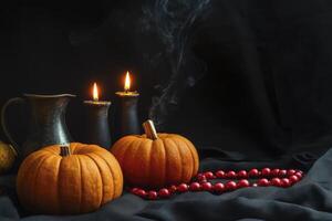 Arrangement with Pumpkins Candles and Beads for Autumn or Halloween photo