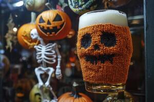 Festive Halloween Beer with Pumpkin Decorations and Skeleton Decor photo