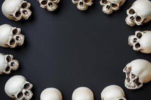 Arrangement of Skull Models on Dark Background Creating a Halloween Frame photo