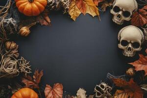 Halloween Decorations Frame Featuring Skulls Pumpkins and Autumn Leaves photo