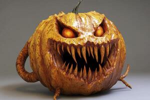 Terrifying Halloween Pumpkin with Sharp Teeth and Glowing Eyes Illustration photo