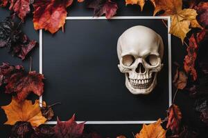 Skull with Autumn Leaves on Dark Background Perfect for Halloween photo