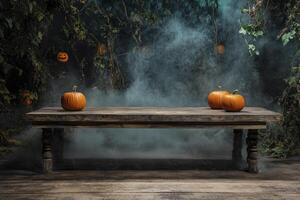 Pumpkins on Wooden Table Setting with Fog for Halloween Mockups photo