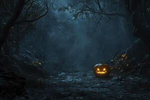 Glowing Jack O Lantern in Dark Forest Path for Halloween Night photo