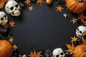 Halloween Background with Pumpkins, Skulls, and Autumn Leaves on Dark Surface photo