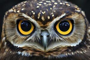 Close-up of an Owl Featuring Striking Yellow Eyes and Sharp Beak photo