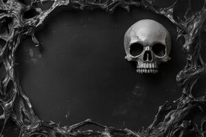 Creepy Skull on Dark Background with Organic Frame - Halloween Concept photo