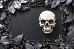 Skull in Dark Frame with Leaves - Halloween, Gothic, Spooky Theme photo