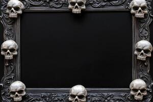 Skull Decorated Frame on Black Background for Halloween Message or Design photo