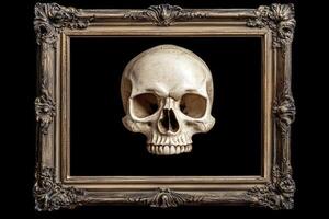 Skull in Ornate Frame on Black Background - Macabre Still Life photo