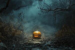 Halloween pumpkin in the woods with fog and trees photo