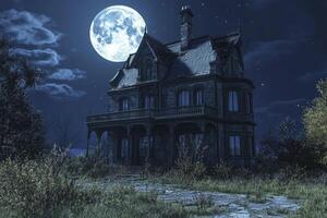 Spooky Haunted House Under Moonlight with Gloomy Atmosphere and Stone Path photo