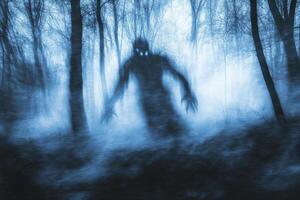 Silhouette of Monster Apparition in Misty Forest with Glowing Eyes photo