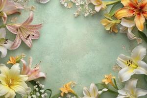 Floral Frame with Lilies and Textured Background for Spring Designs photo