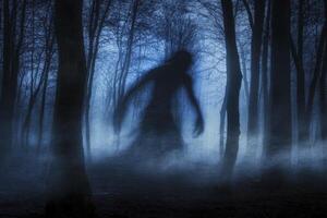 Eerie Figure Emerging From Foggy Forest in Dark and Mysterious Scene photo