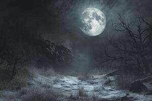 Full Moon Shining Over Snowy Path with Bare Trees at Night photo