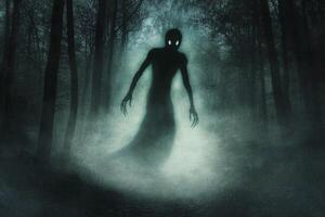 Mysterious Shadowy Figure Apparition Emerging From a Dark Forest at Night photo